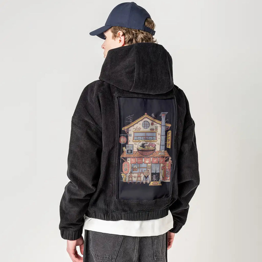 nekoramenhouse patch on male retro cord hoodie in onyx