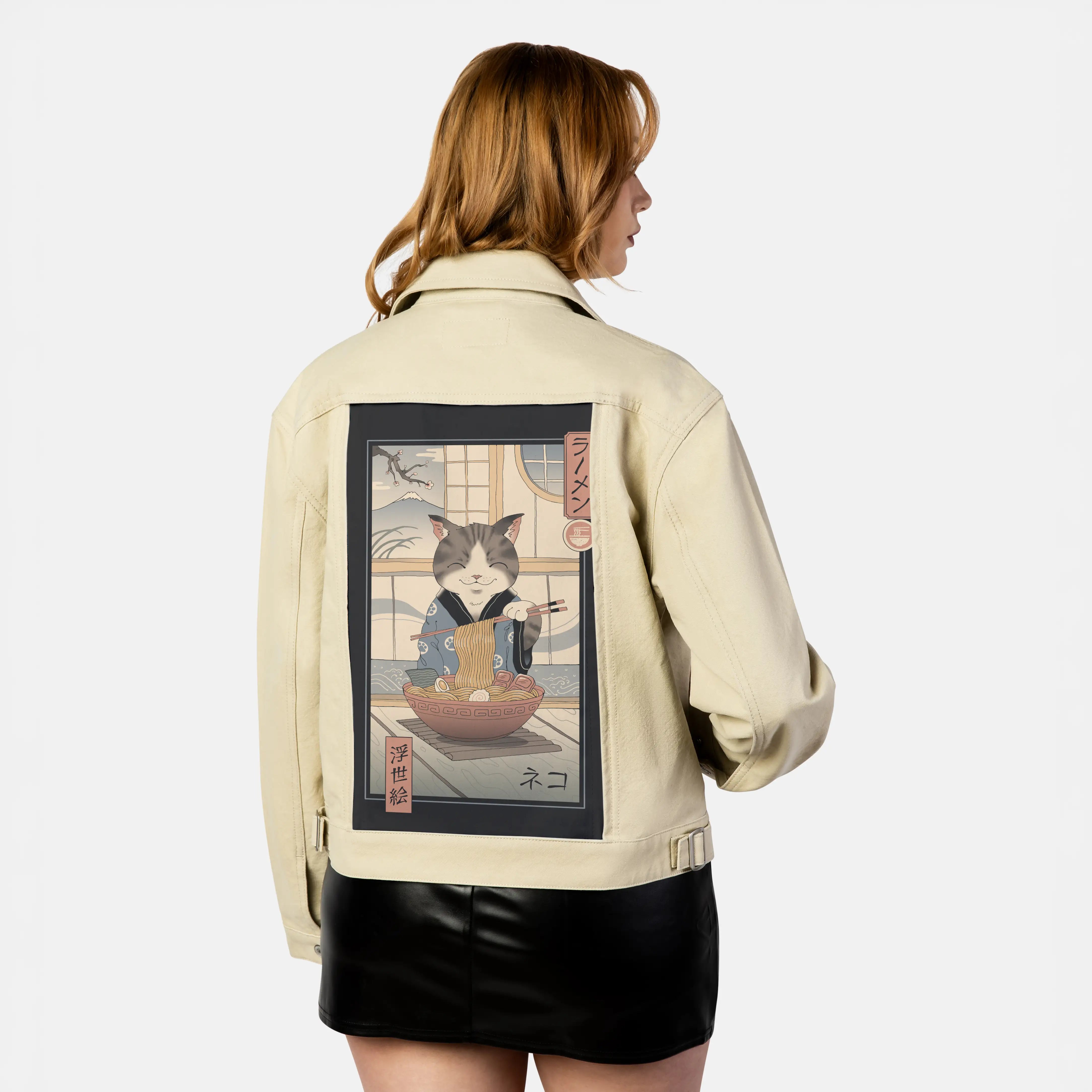 nekoramenukiyoe patch on female atelier canvas jacket in tan