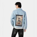 nekoramenukiyoe patch on male og denim jacket in oceanside