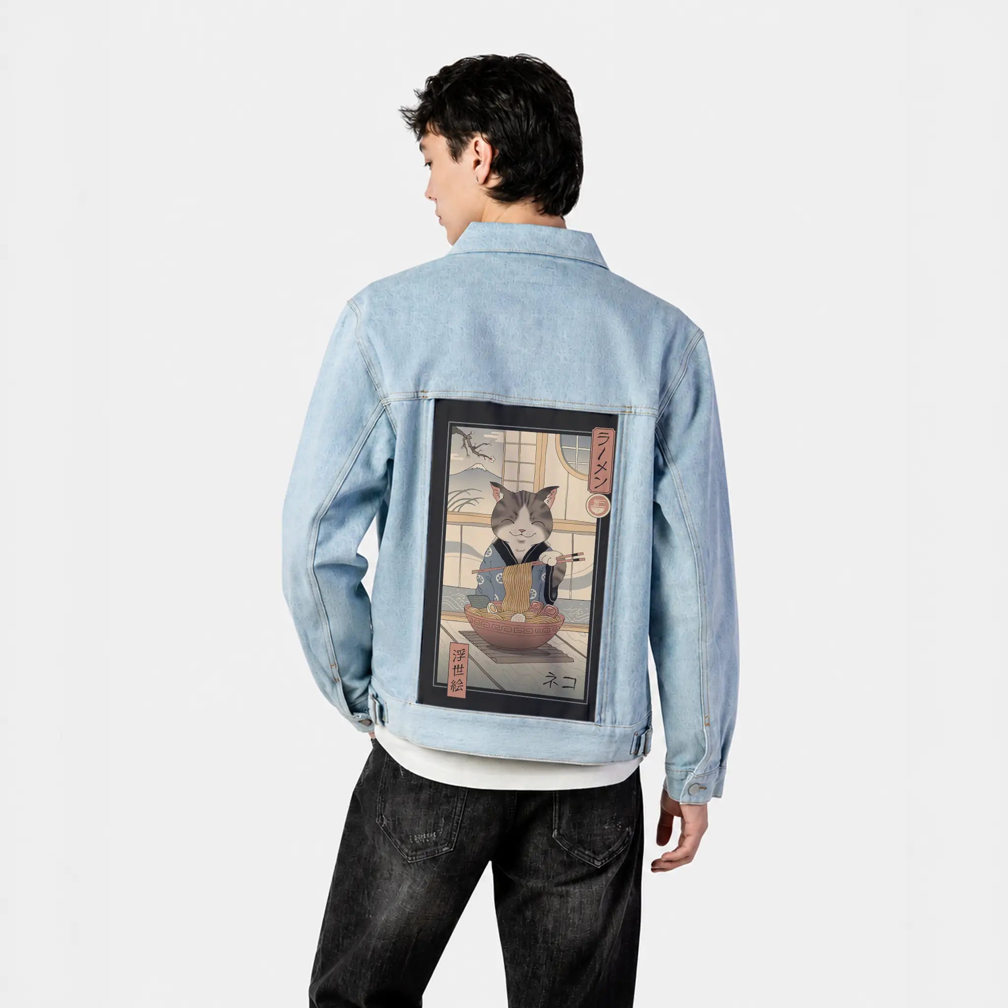 nekoramenukiyoe patch on male og denim jacket in oceanside