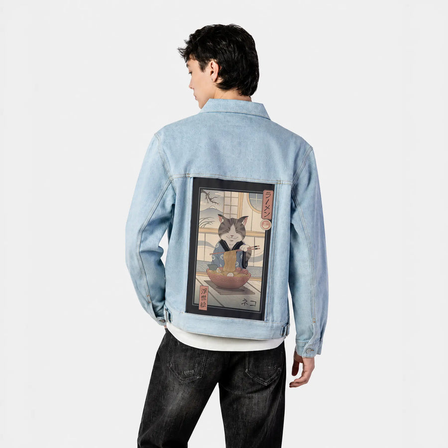 nekoramenukiyoe patch on male og denim jacket in oceanside