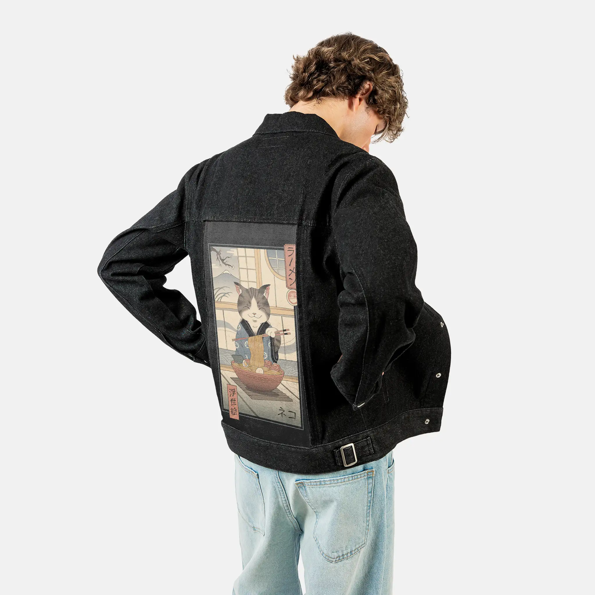 nekoramenukiyoe patch on male og denim jacket in raven