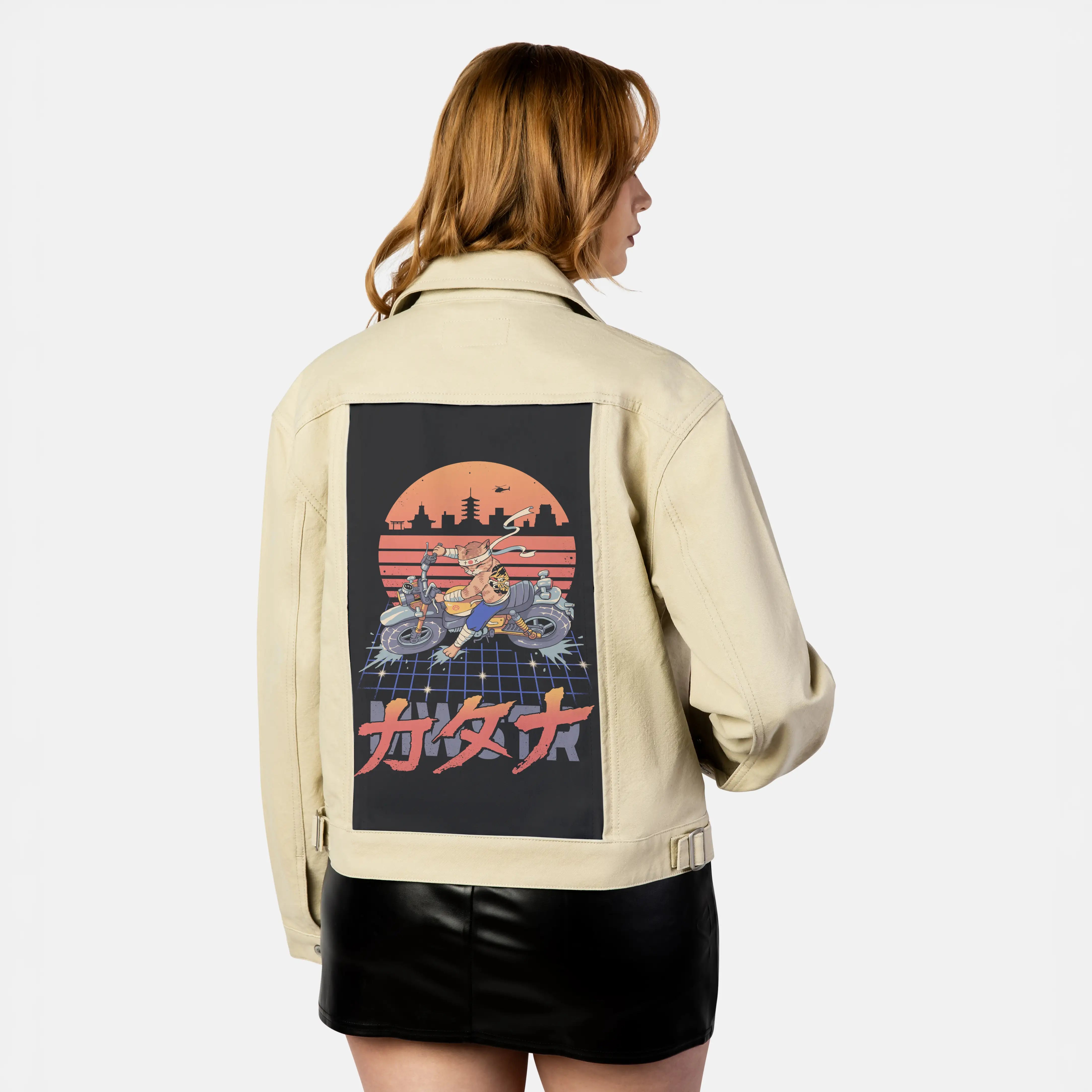 neokyotobikeslide patch on female atelier canvas jacket in tan