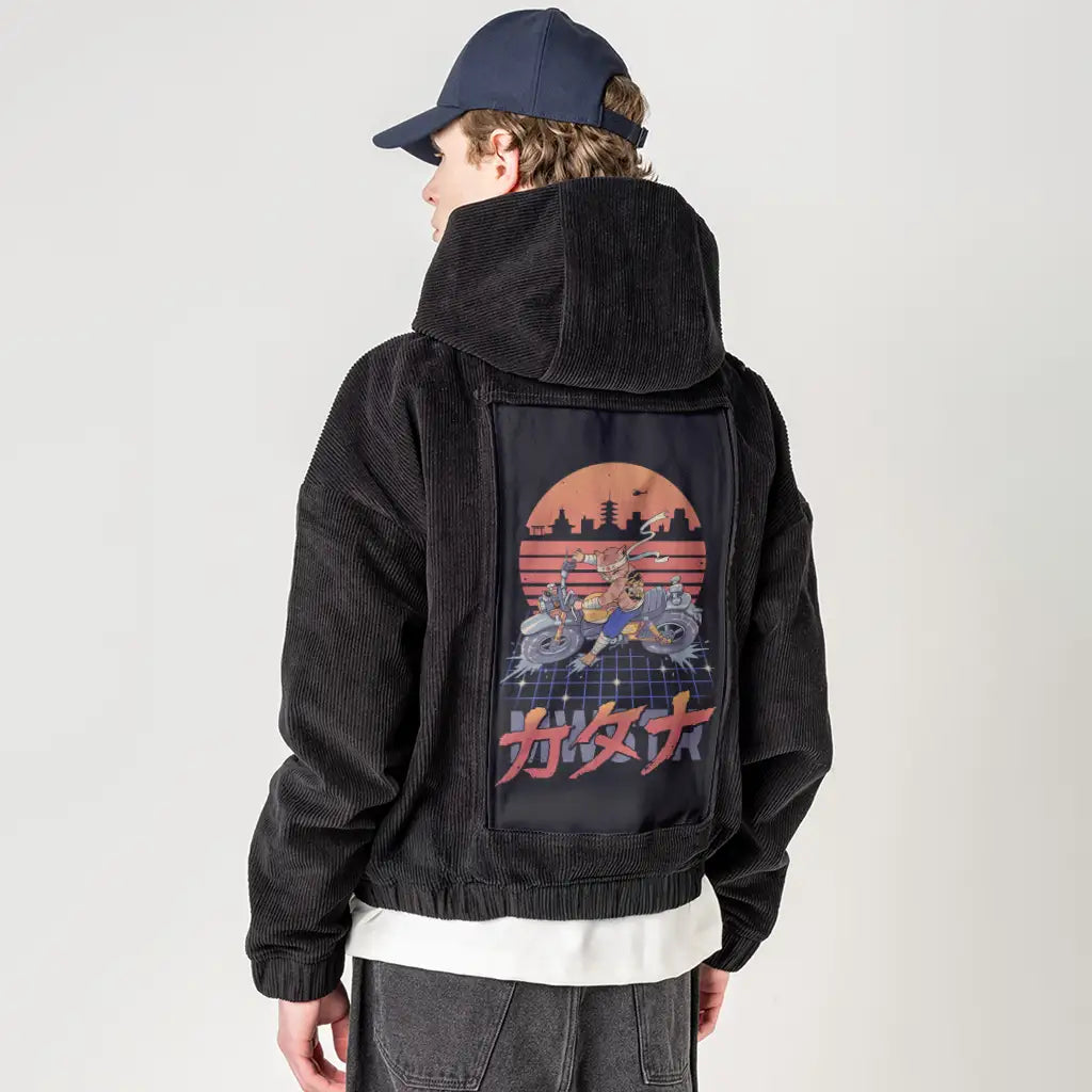 neokyotobikeslide patch on male retro cord hoodie in onyx