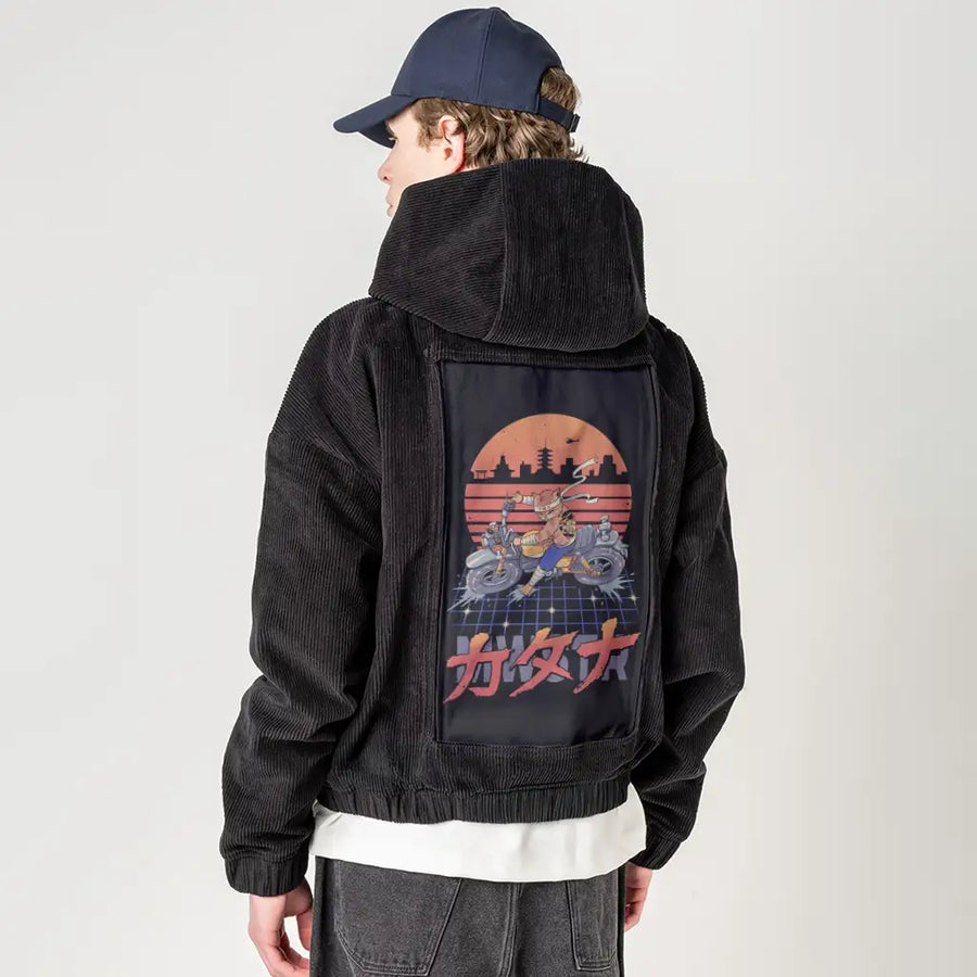 neokyotobikeslide patch on male retro cord hoodie in onyx
