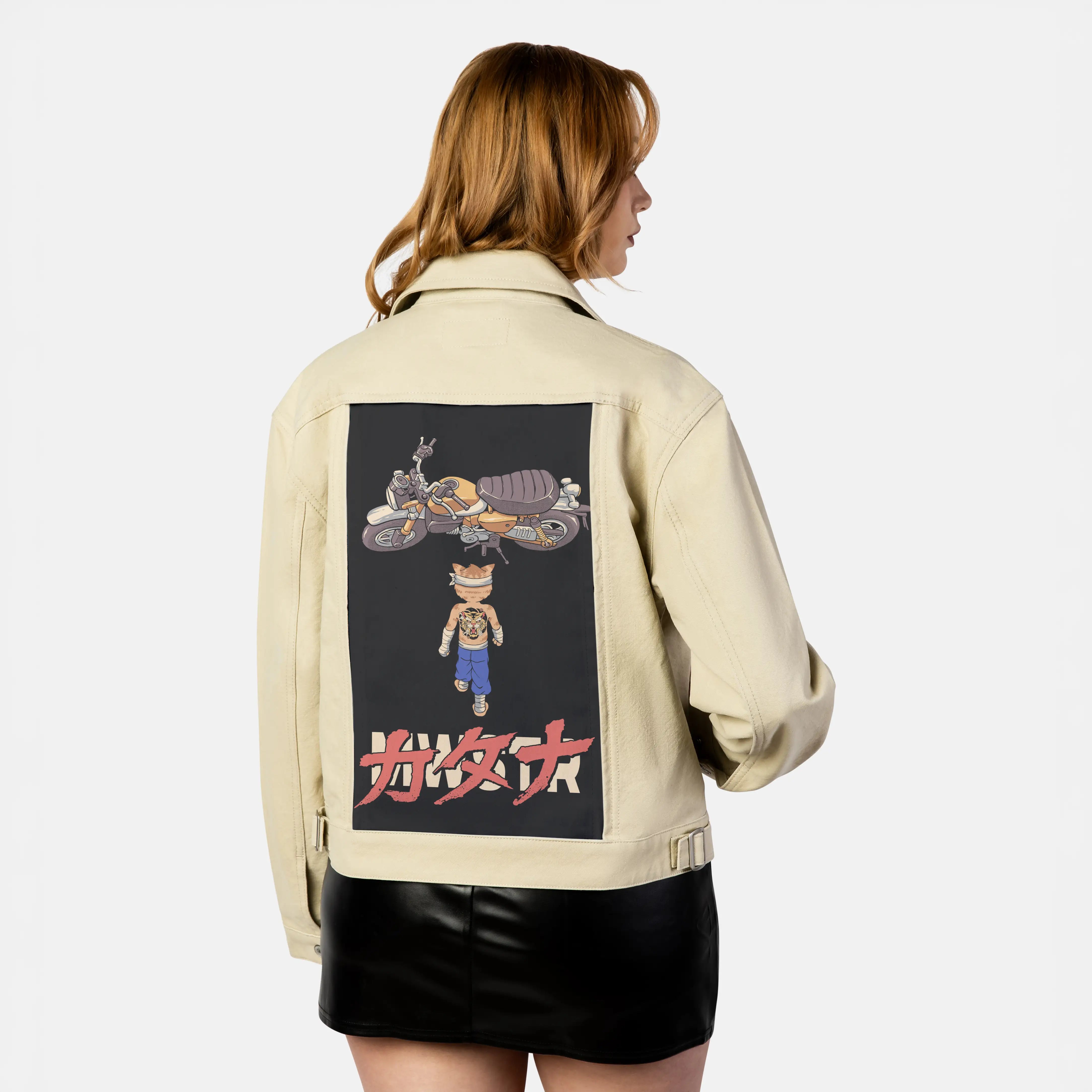 neomeowstercatana patch on female atelier canvas jacket in tan