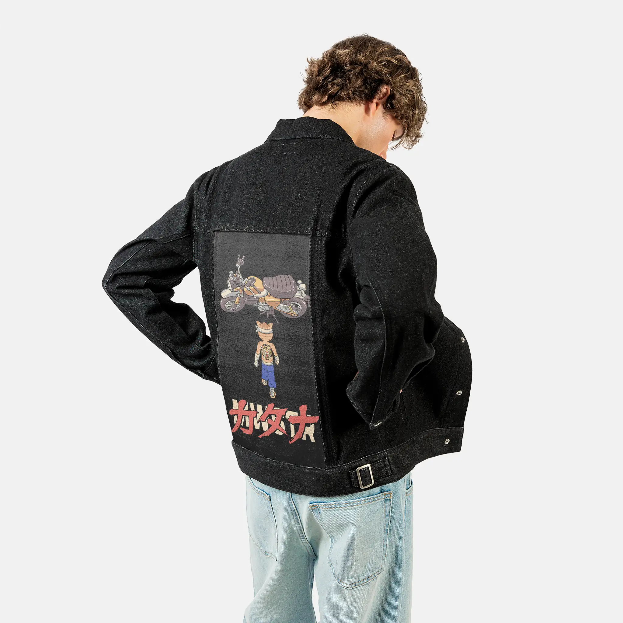 neomeowstercatana patch on male og denim jacket in raven