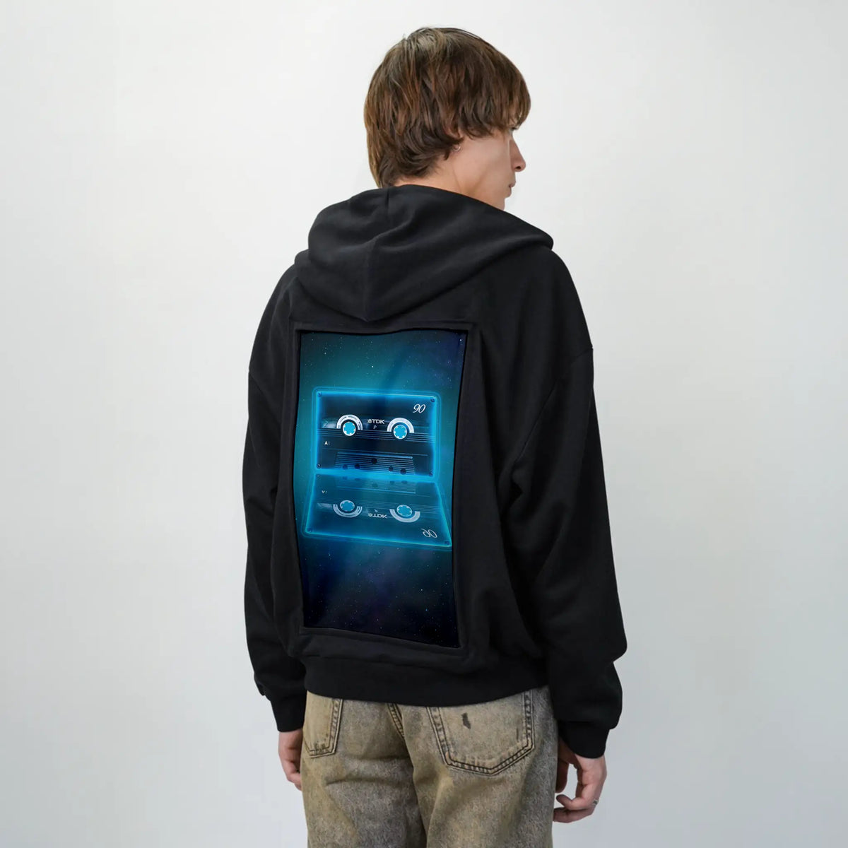neoncassette patch on male essential zip hoodie in after hours
