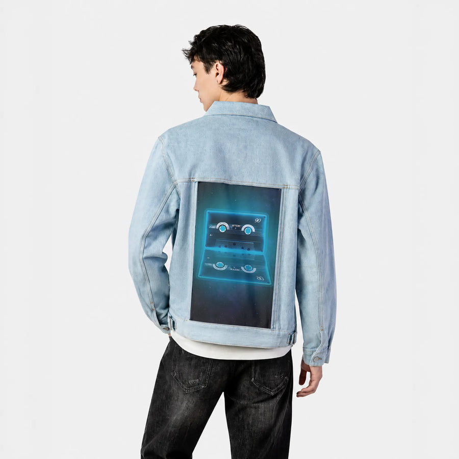 neoncassette patch on male og denim jacket in oceanside