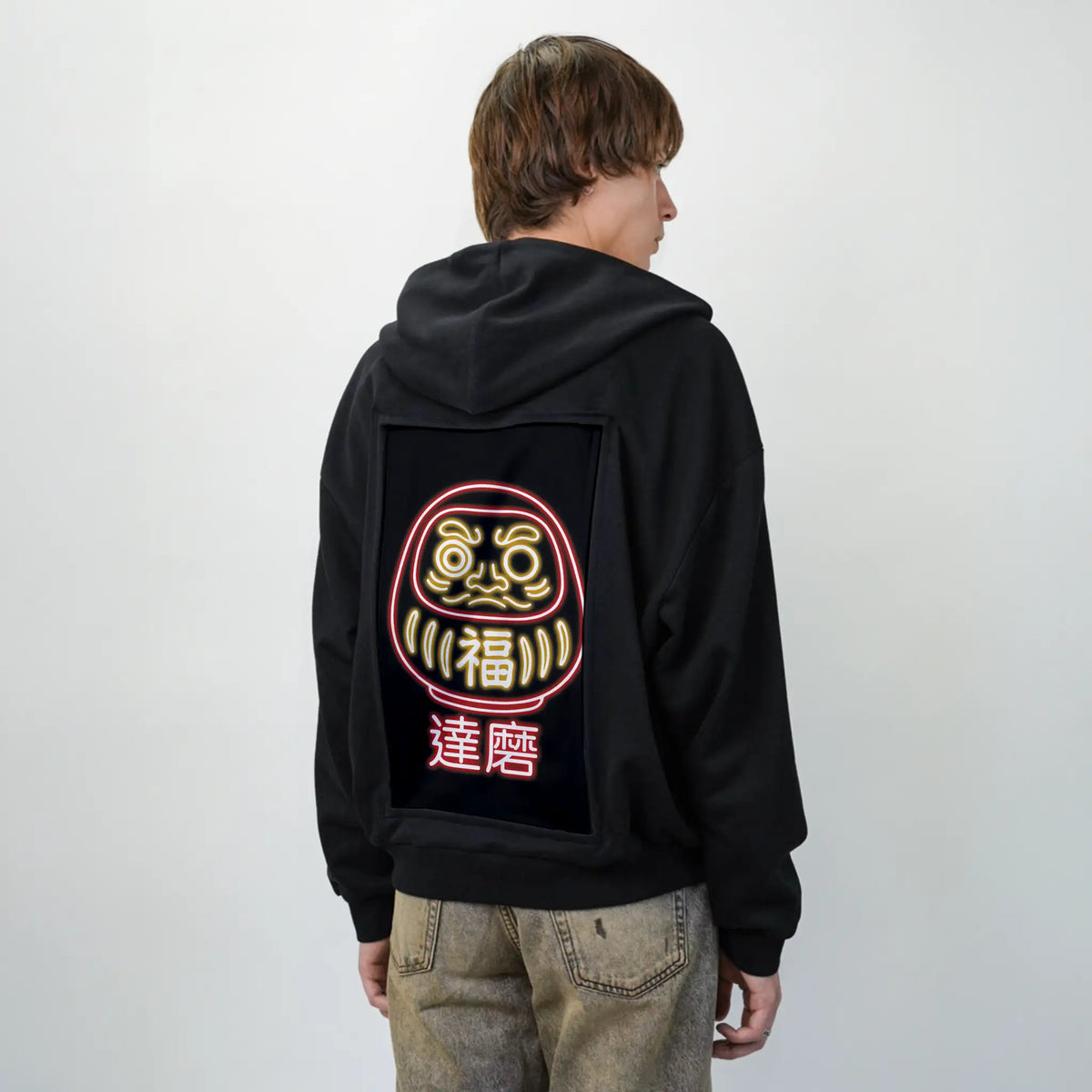 neondaruma patch on male essential zip hoodie in after hours