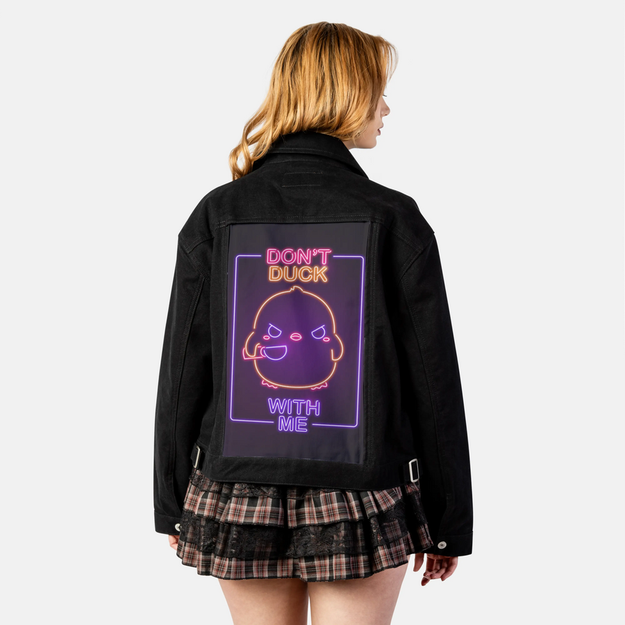 neondontduckwithme patch on female atelier canvas jacket in nightfall