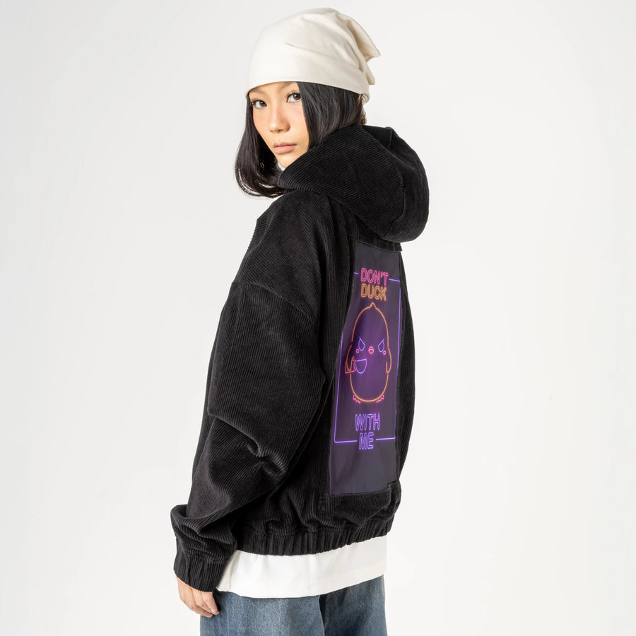 neondontduckwithme patch on female retro cord hoodie in onyx