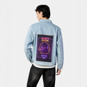neondontduckwithme patch on male og denim jacket in oceanside