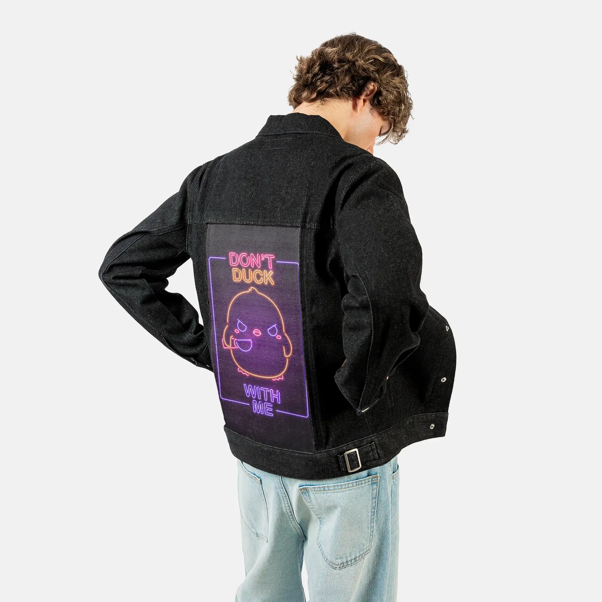 neondontduckwithme patch on male og denim jacket in raven