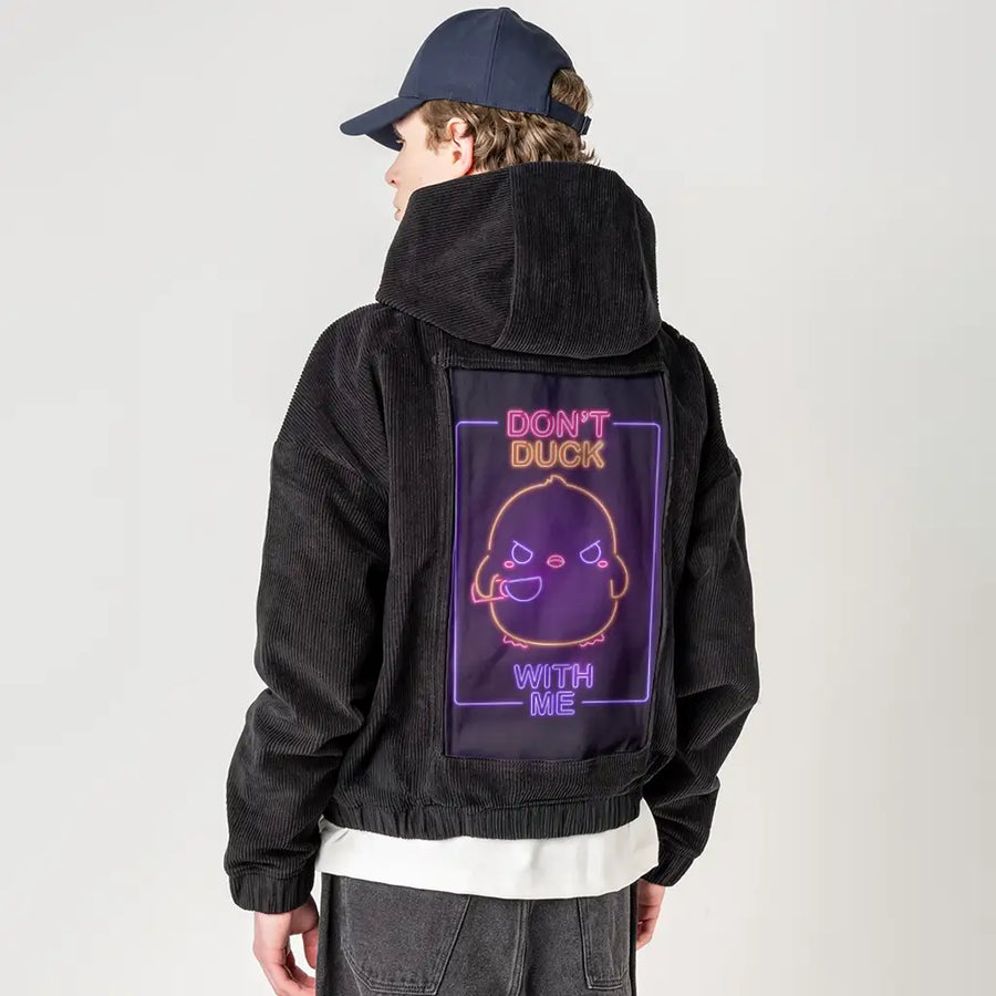 neondontduckwithme patch on male retro cord hoodie in onyx