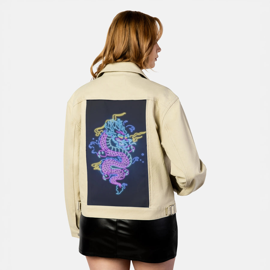 neondragon patch on female atelier canvas jacket in tan