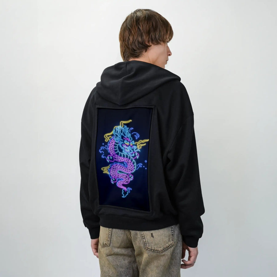 neondragon patch on male essential zip hoodie in after hours