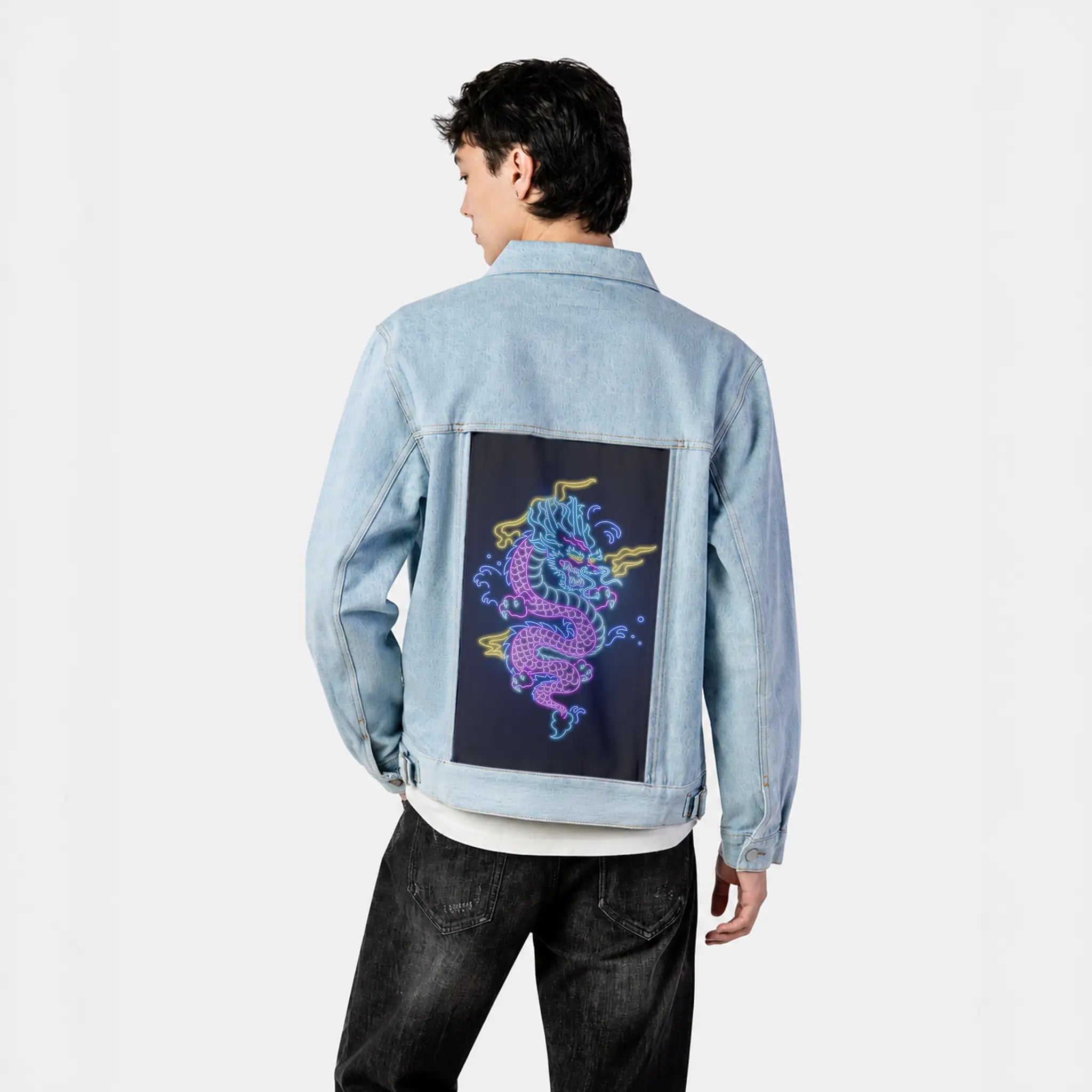 neondragon patch on male og denim jacket in oceanside
