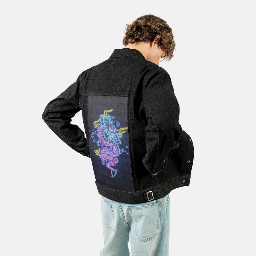 neondragon patch on male og denim jacket in raven
