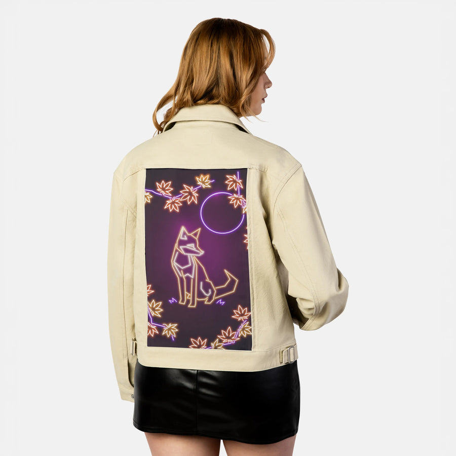 neonfox patch on female atelier canvas jacket in tan