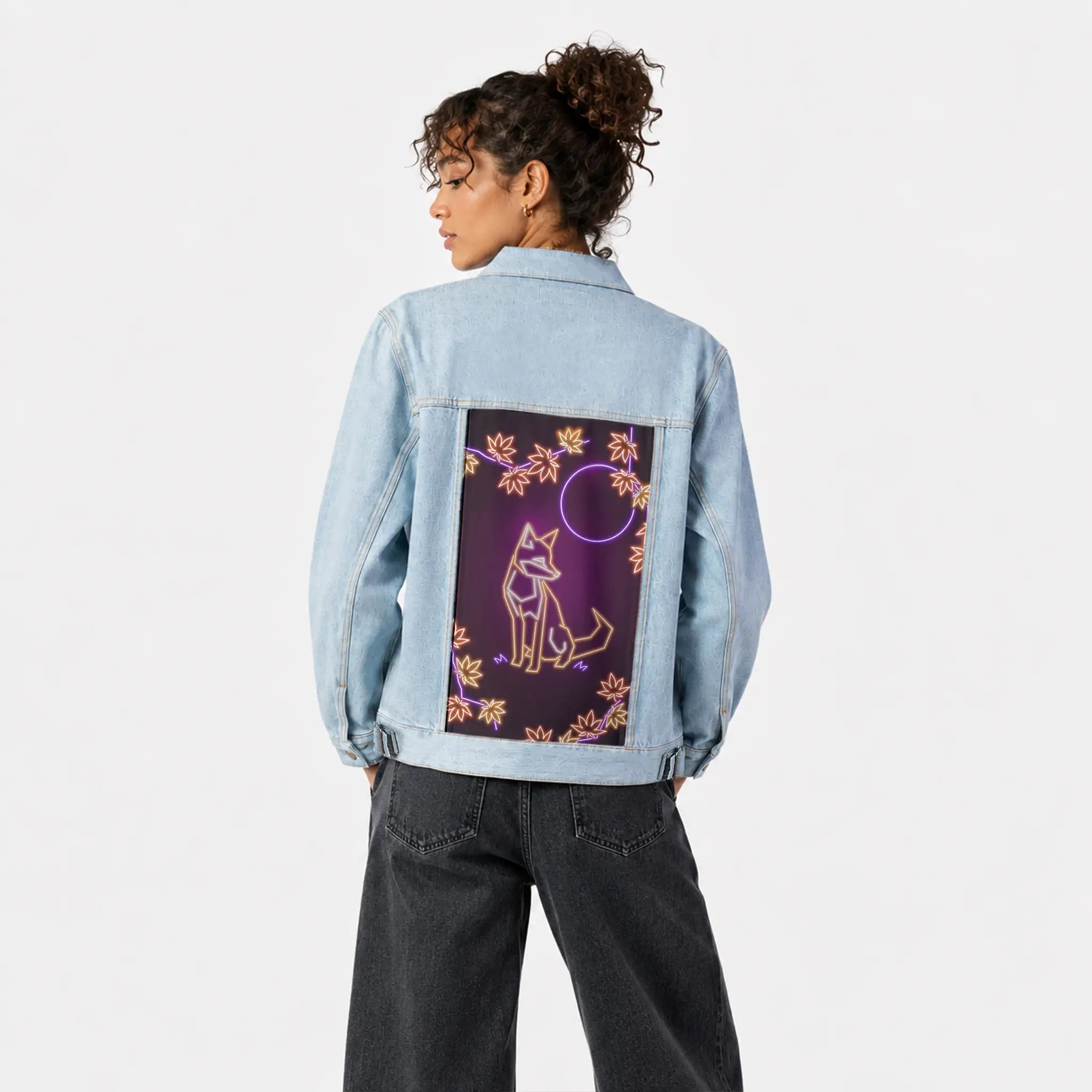 neonfox patch on female og denim jacket in oceanside