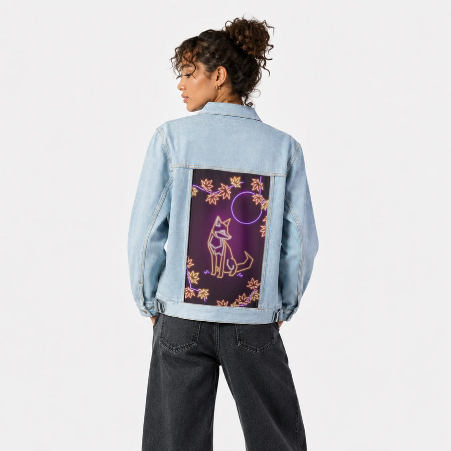 neonfox patch on female og denim jacket in oceanside