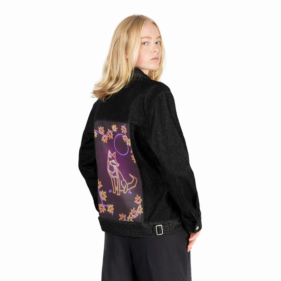 neonfox patch on female og denim jacket in raven