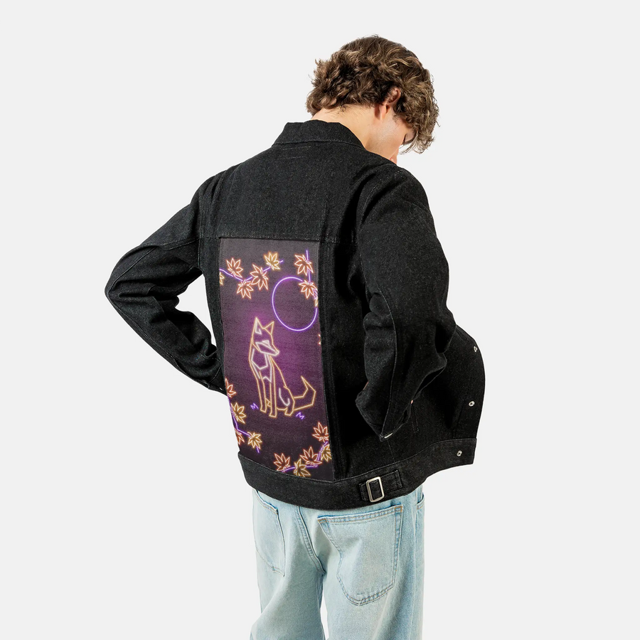 neonfox patch on male og denim jacket in raven