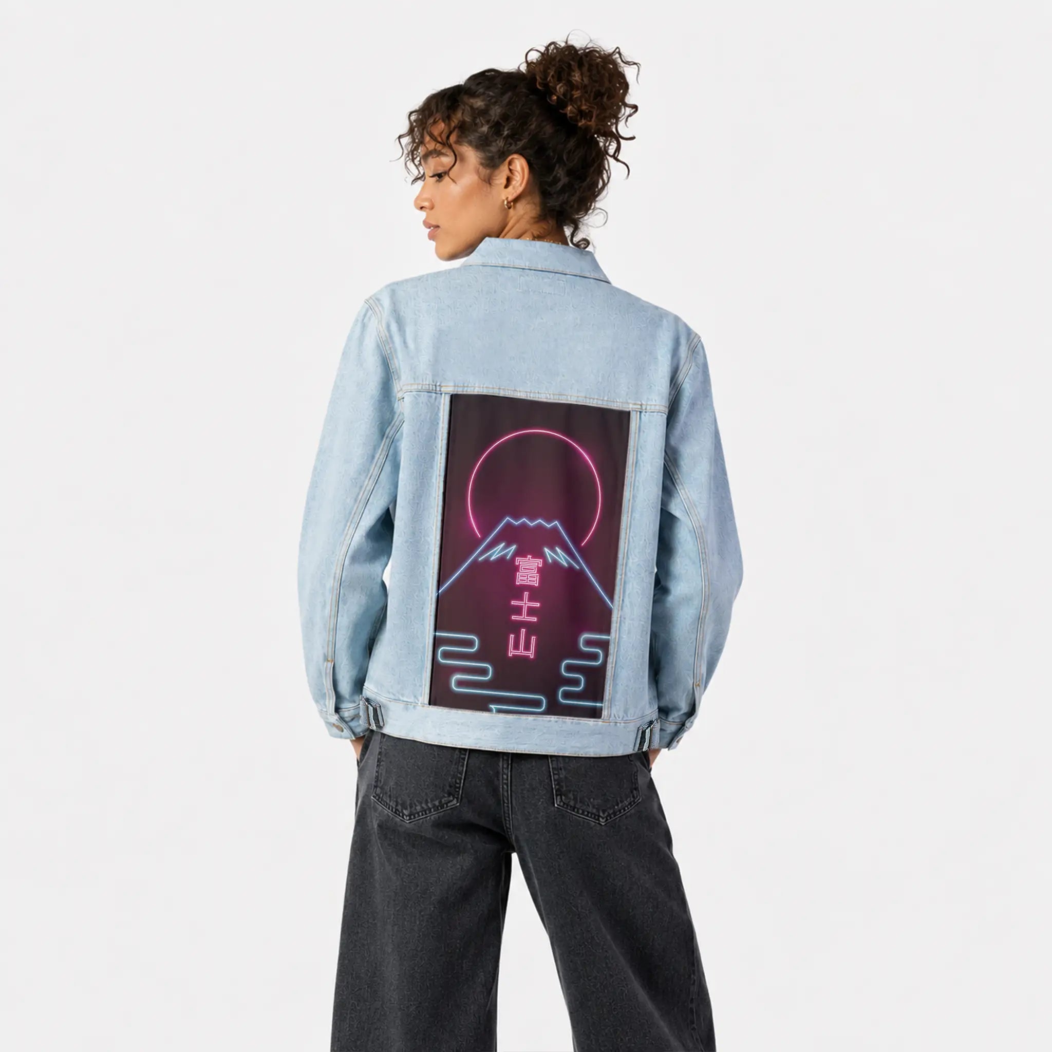 neonfuji patch on female og denim jacket in oceanside