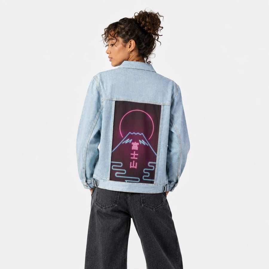 neonfuji patch on female og denim jacket in oceanside
