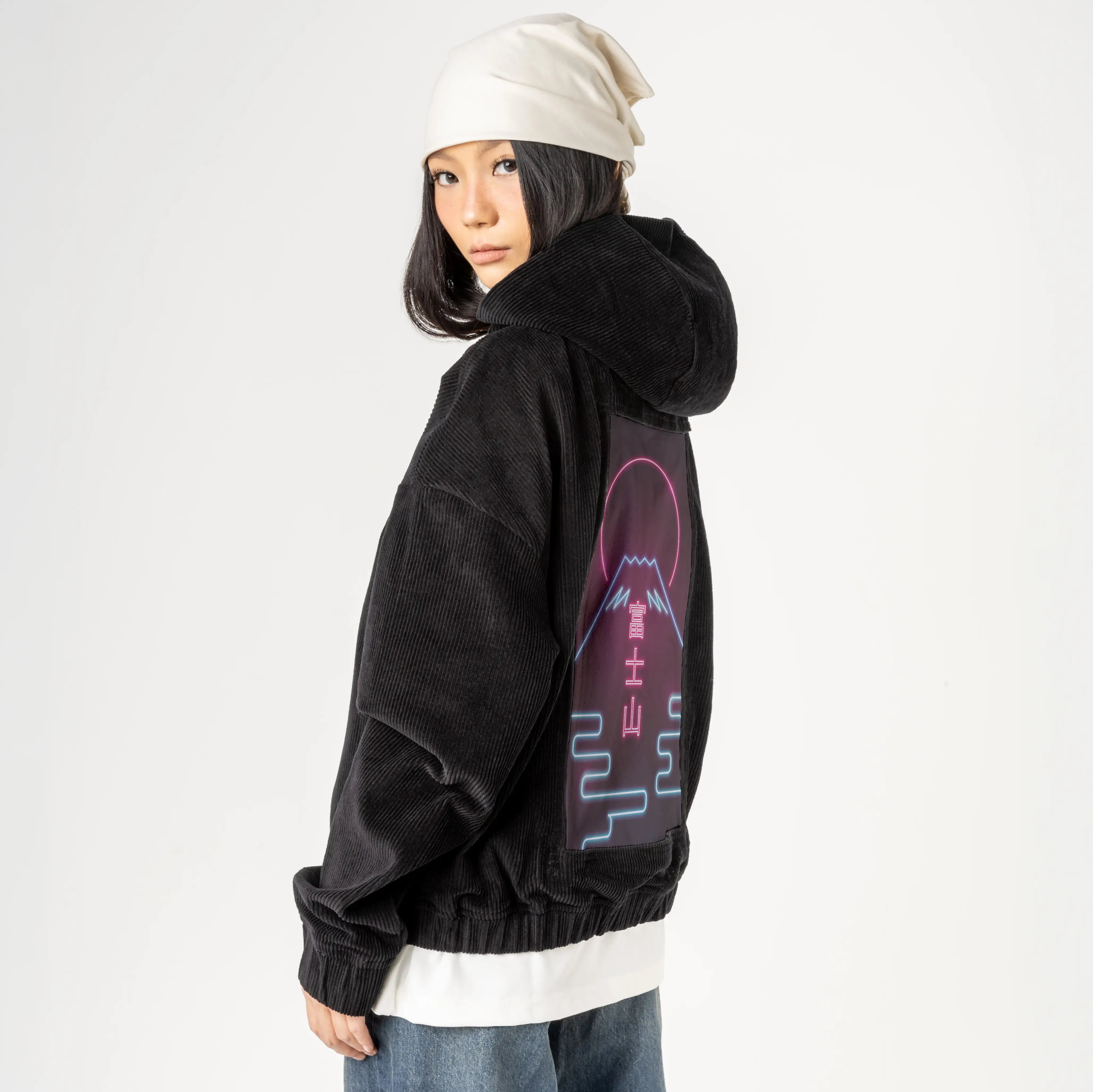 neonfuji patch on female retro cord hoodie in onyx