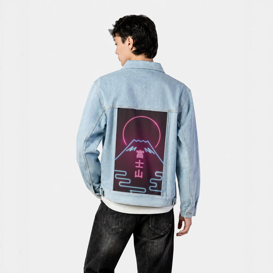 neonfuji patch on male og denim jacket in oceanside