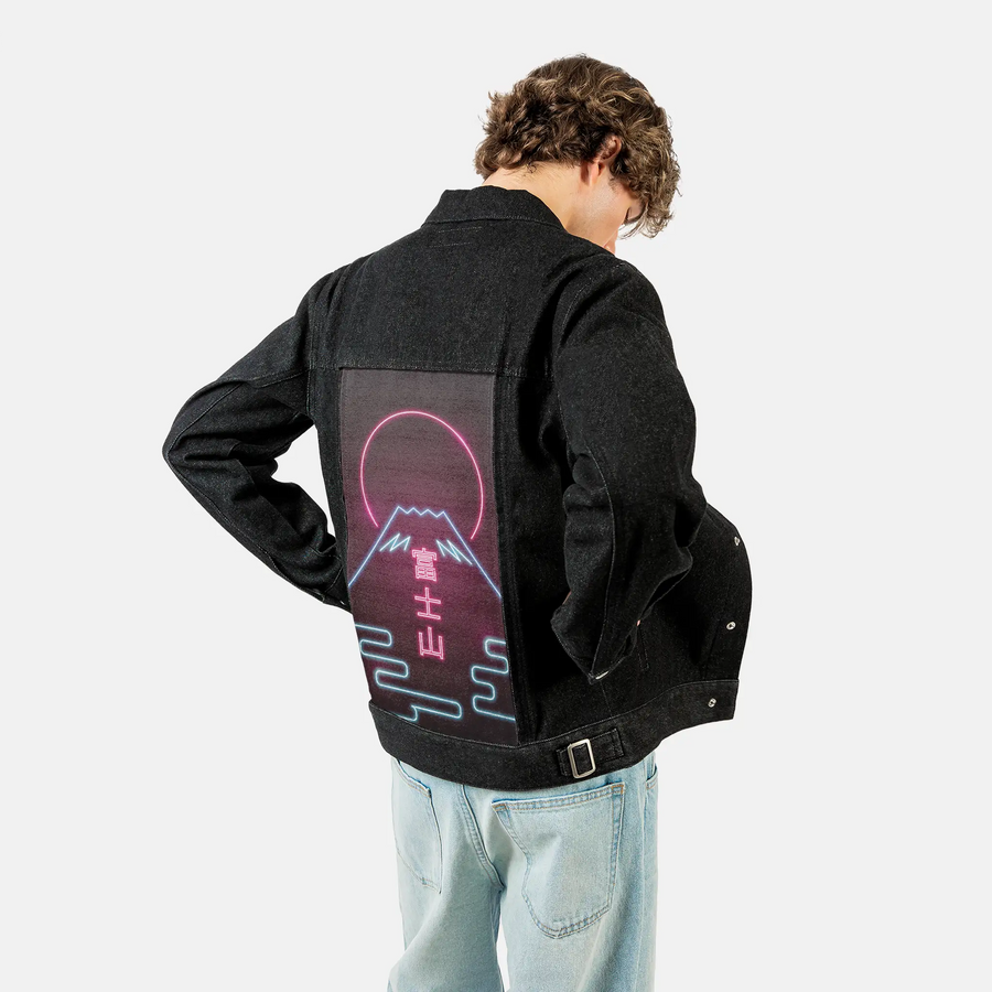 neonfuji patch on male og denim jacket in raven