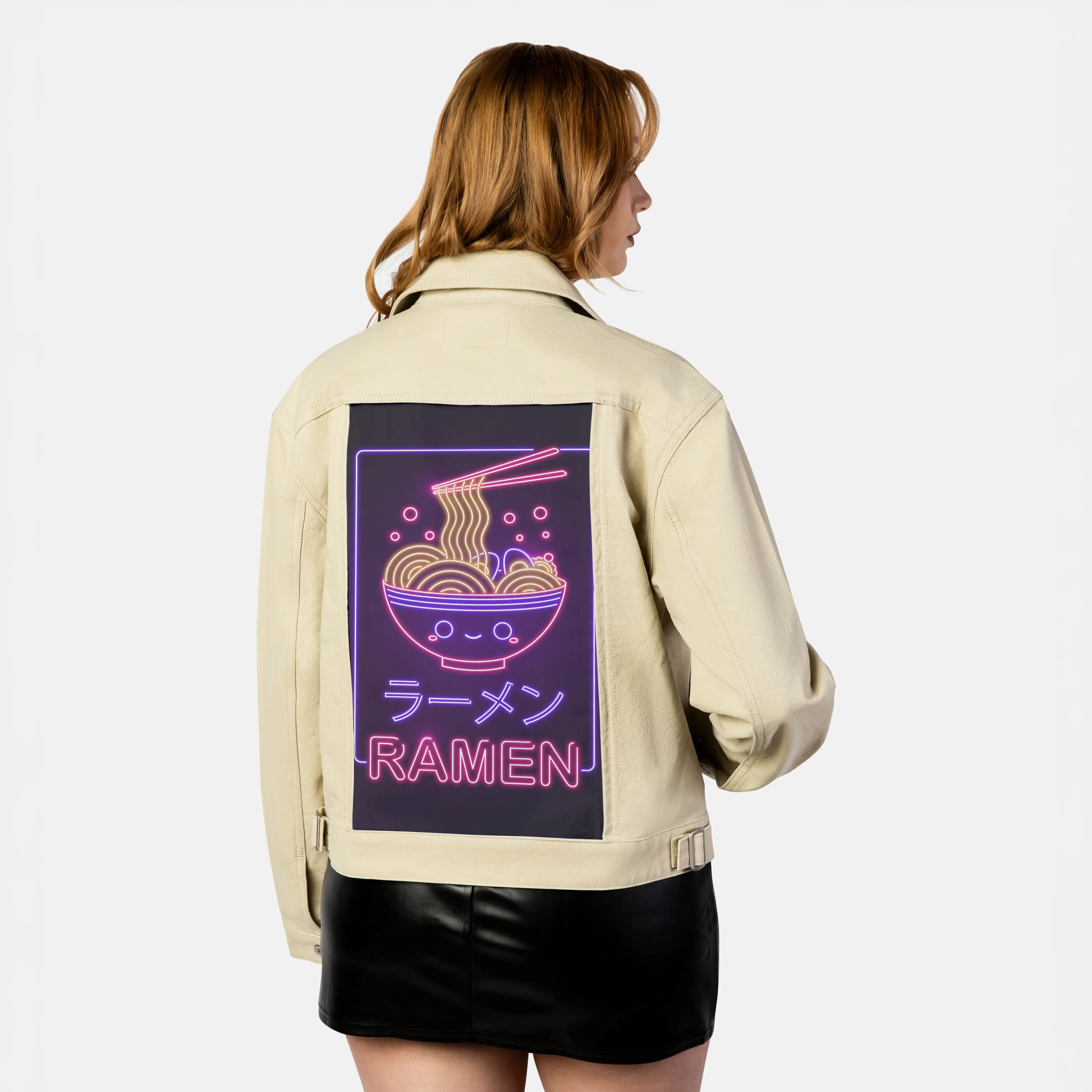 neonkawaiiramen patch on female atelier canvas jacket in tan