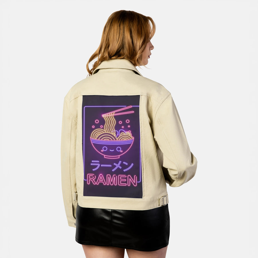 neonkawaiiramen patch on female atelier canvas jacket in tan