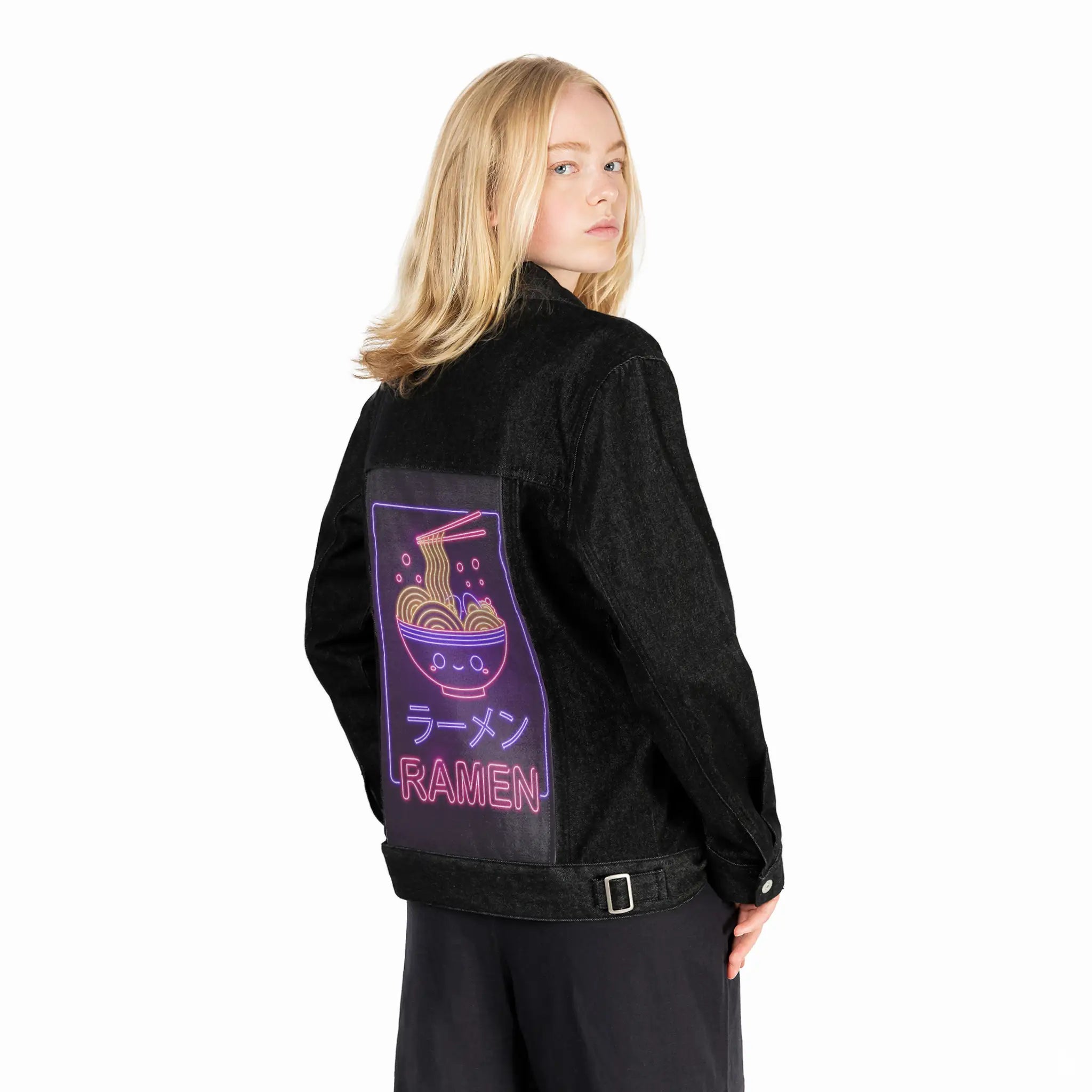 neonkawaiiramen patch on female og denim jacket in raven