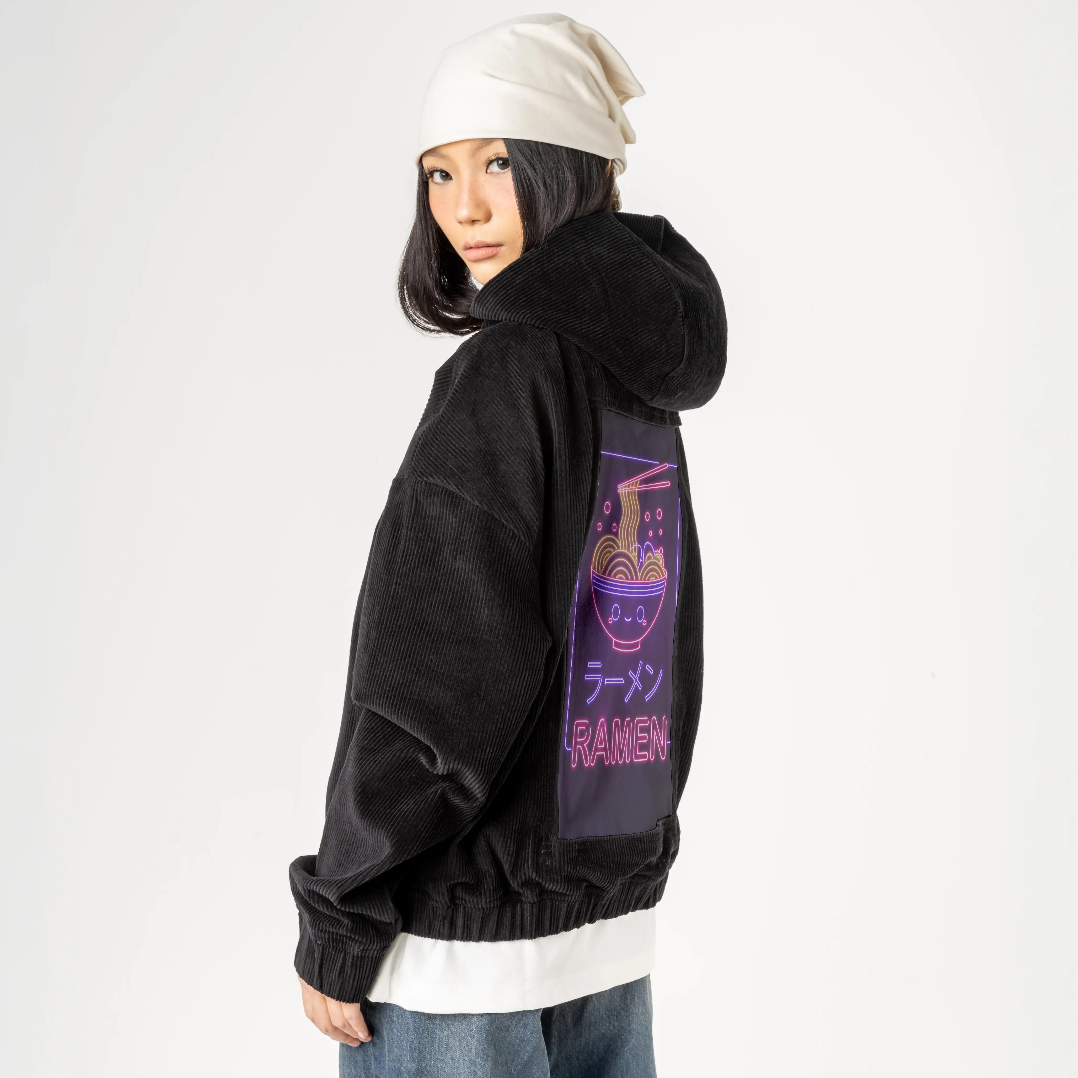 neonkawaiiramen patch on female retro cord hoodie in onyx