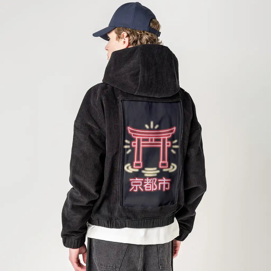 neonkyoto patch on male retro cord hoodie in onyx
