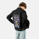 neonluckyneko patch on male og denim jacket in raven