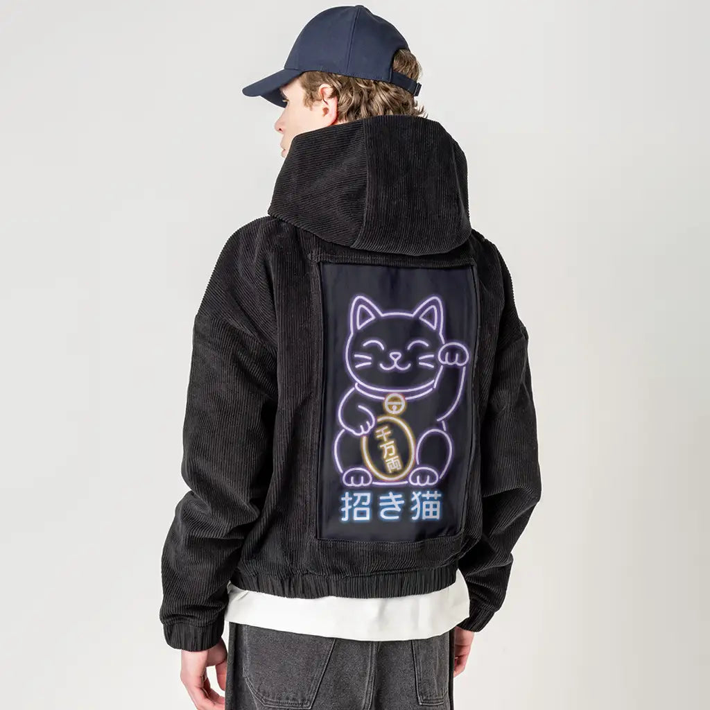 neonluckyneko patch on male retro cord hoodie in onyx