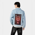 neononimask patch on male og denim jacket in oceanside