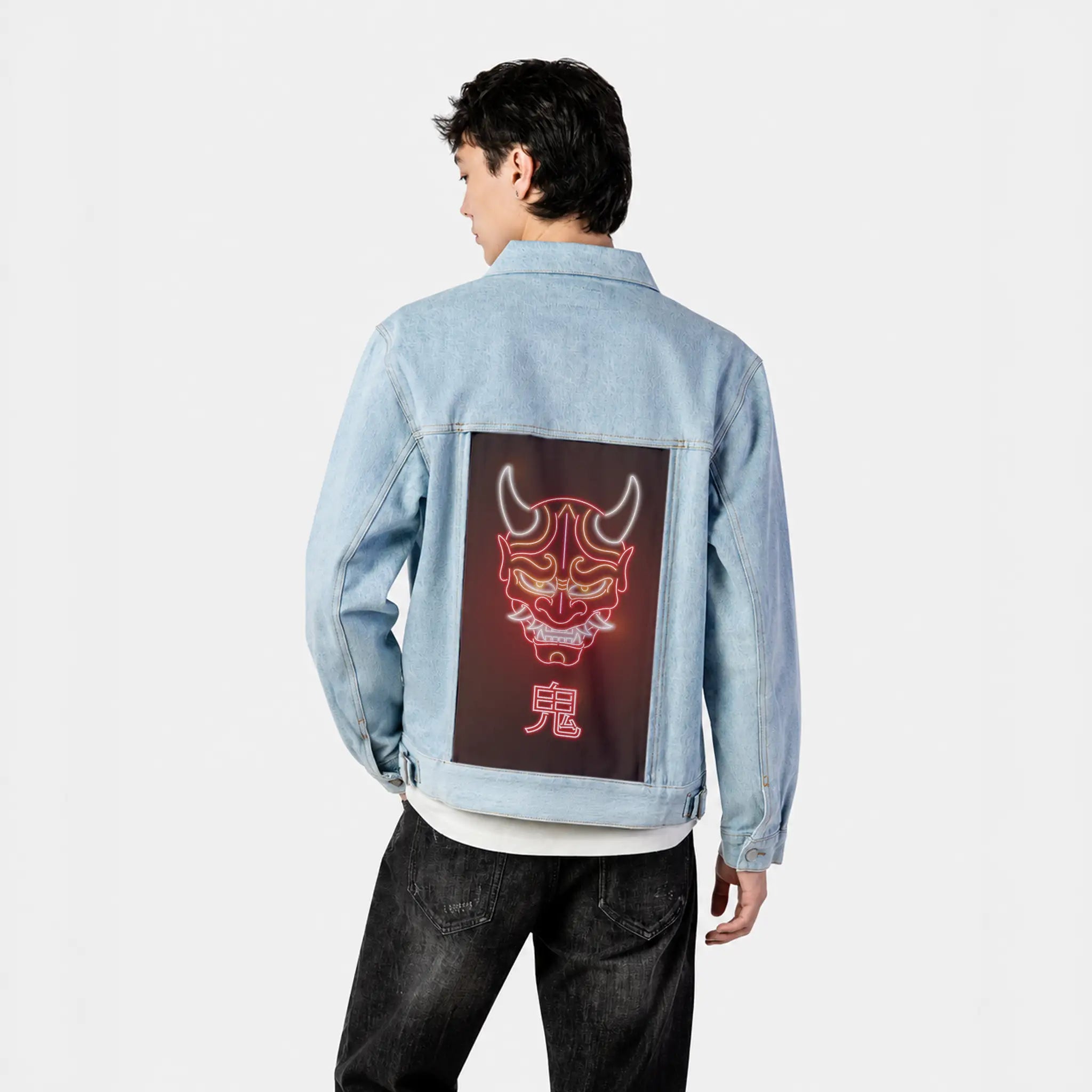 neononimask patch on male og denim jacket in oceanside