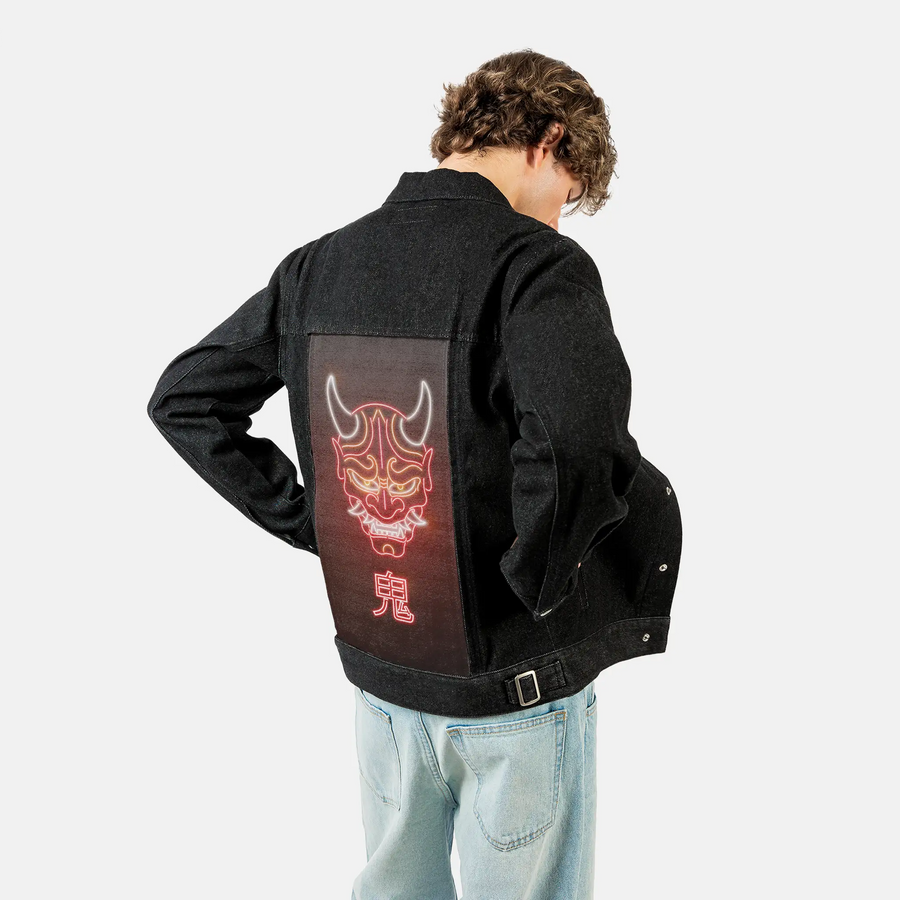 neononimask patch on male og denim jacket in raven