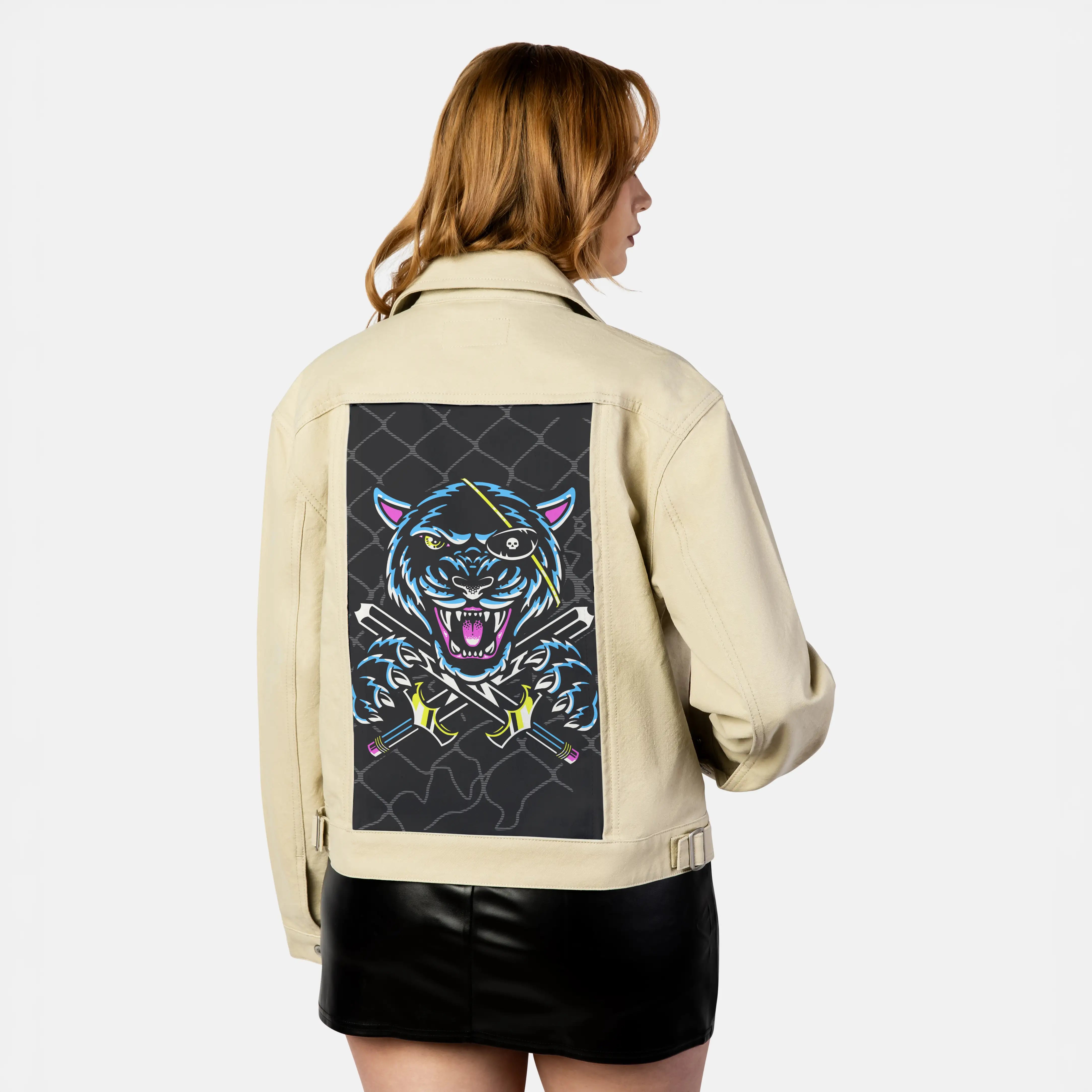 neonpanther patch on female atelier canvas jacket in tan