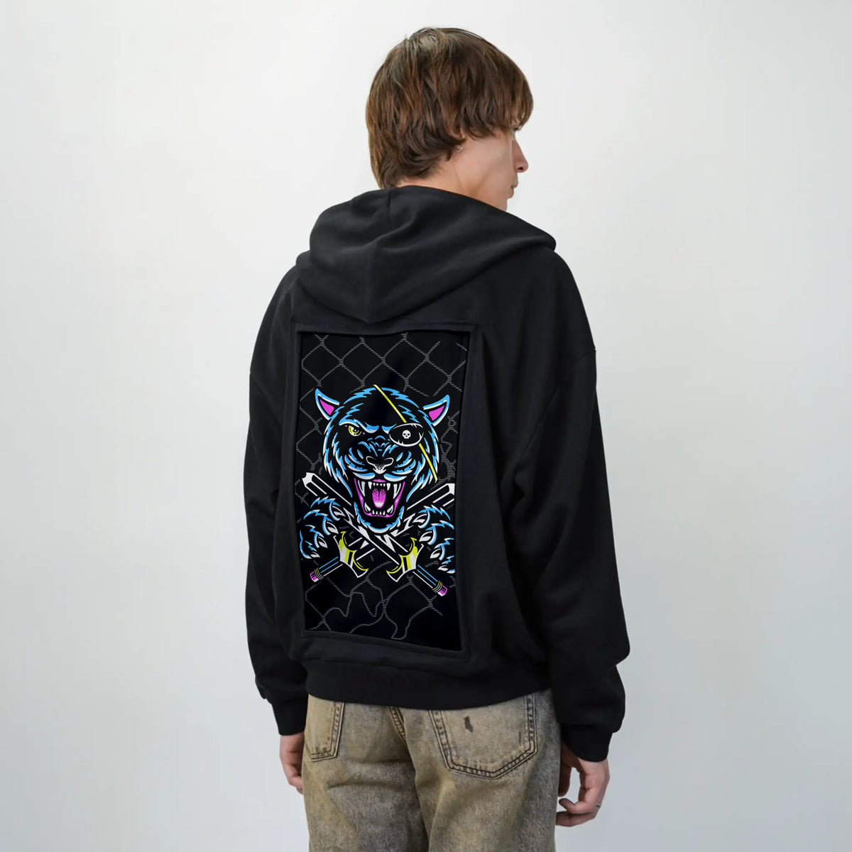 neonpanther patch on male essential zip hoodie in after hours