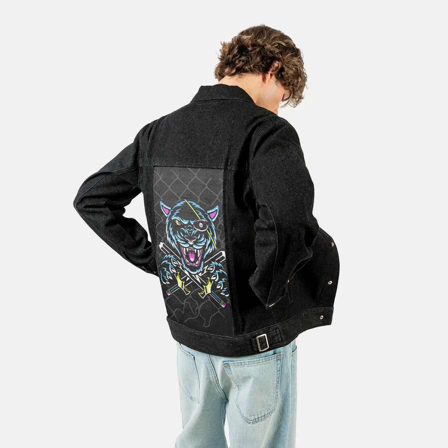 neonpanther patch on male og denim jacket in raven