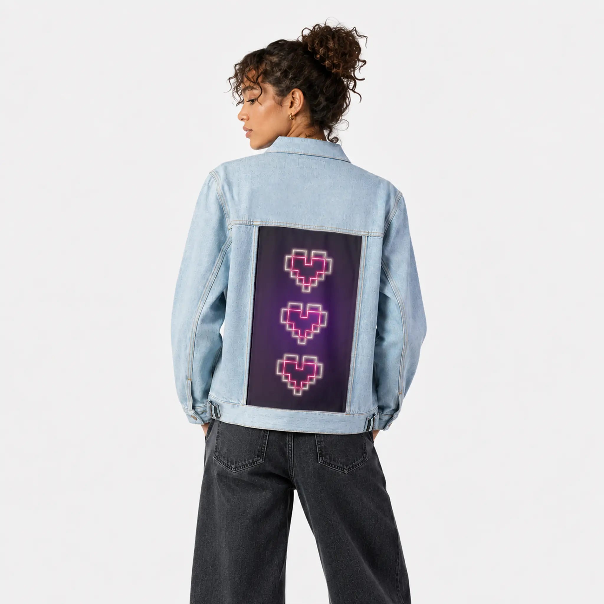 neonpixelhearts patch on female og denim jacket in oceanside