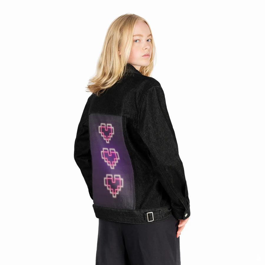 neonpixelhearts patch on female og denim jacket in raven