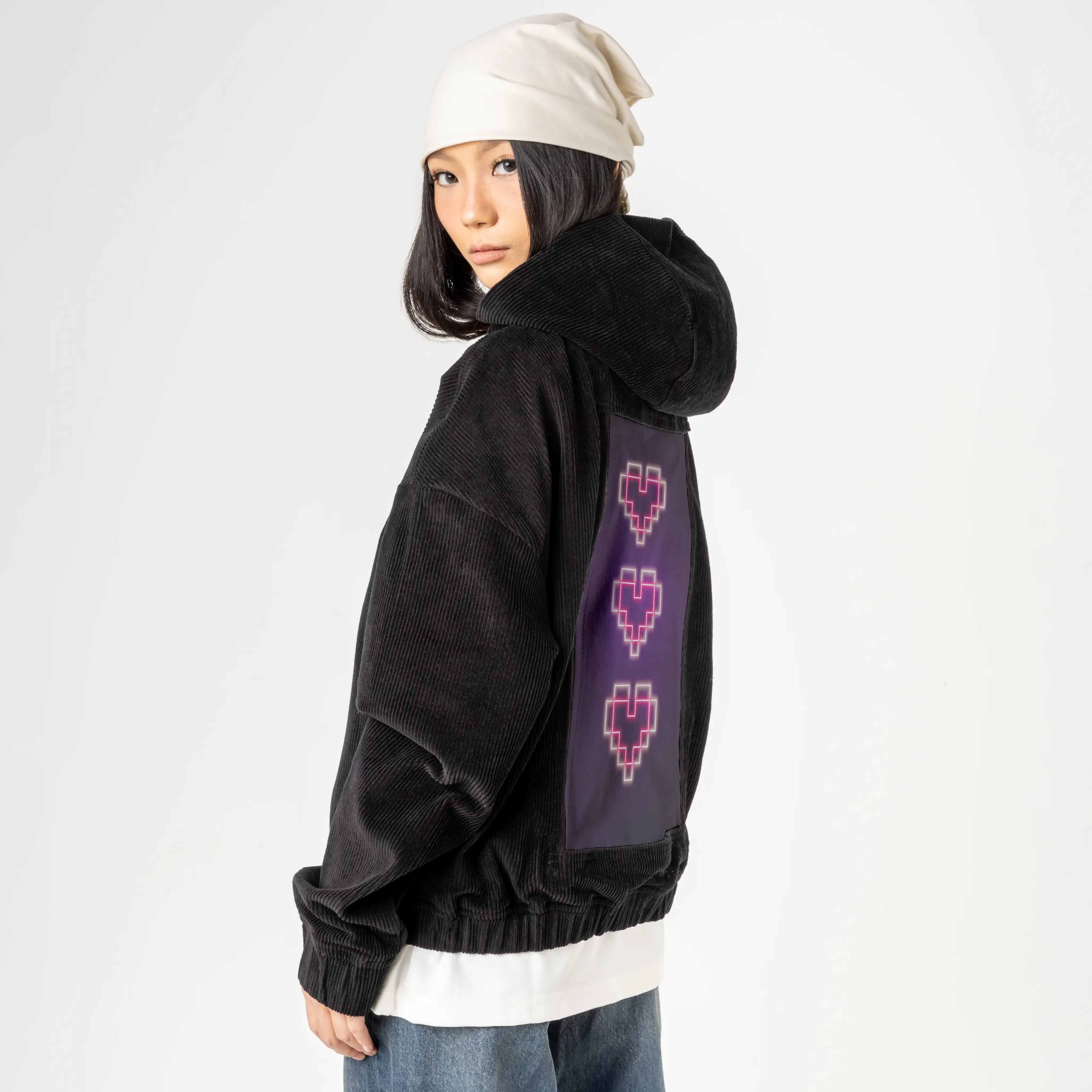 neonpixelhearts patch on female retro cord hoodie in onyx