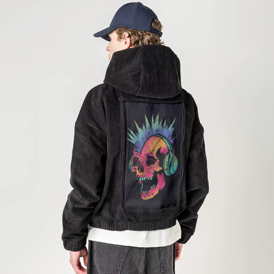 neonpunk patch on male retro cord hoodie in onyx